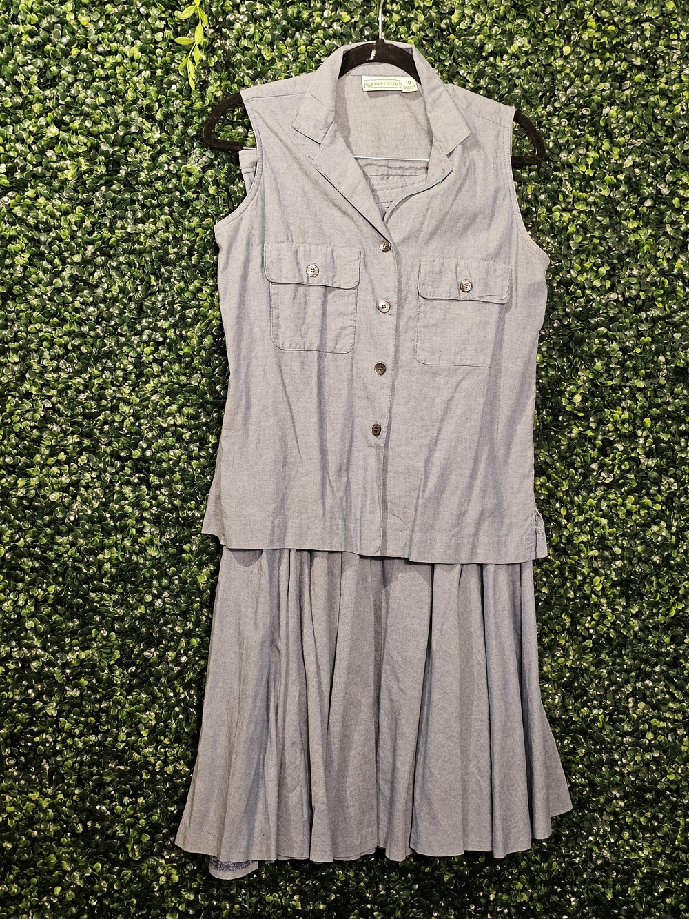Vintage 90s Evan Picone Light Blue Sleeveless Button-Front Skirt Set